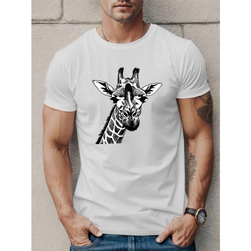 European Size Giraffe Print T Shirt, Tees For Men, Casual Short Sleeve T-shirt For Summer