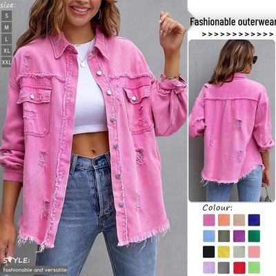 Women's Cross-Border Denim Jacket: Solid Color, Versatile, Fashionably Ripped, Loose Fit, Long-Sleeved.