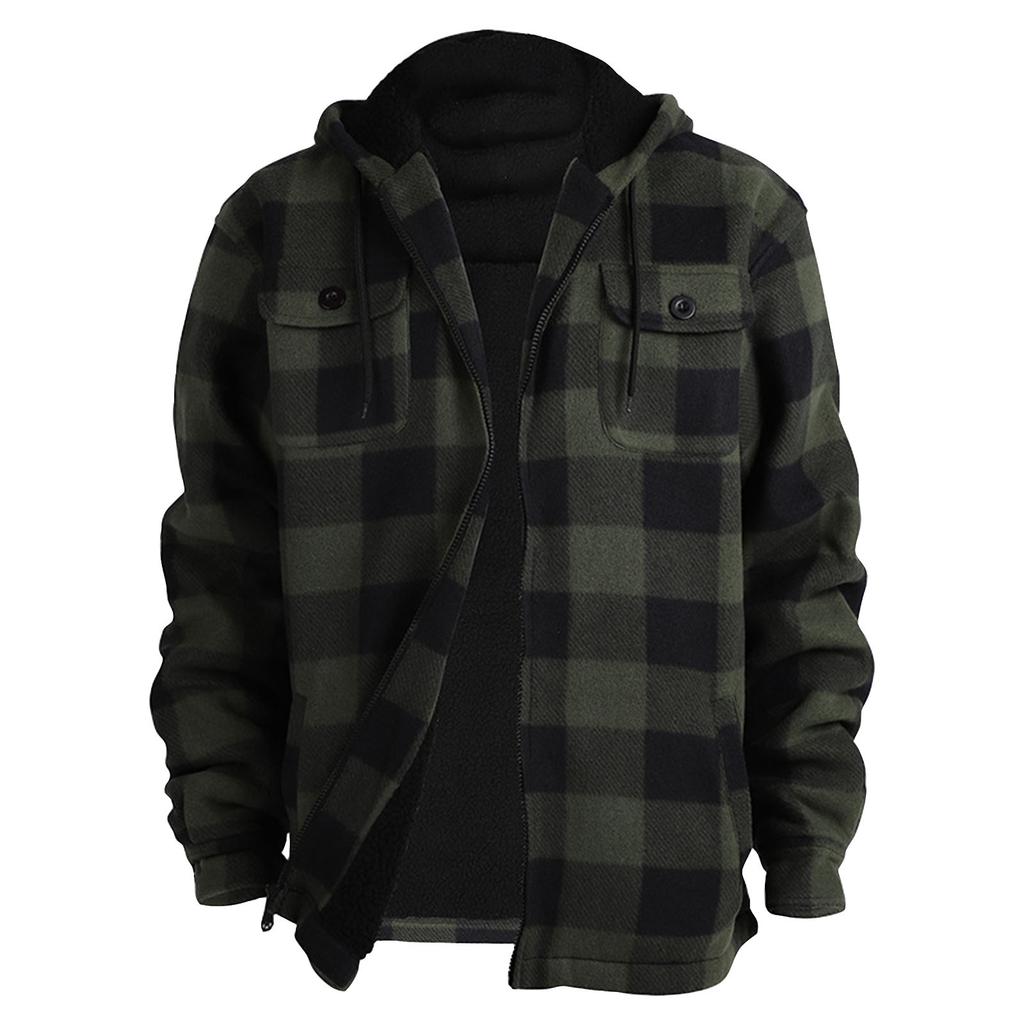 Men's Plaid Long Sleeve Shirt Men's Pocket Button Hooded Sweatshirt