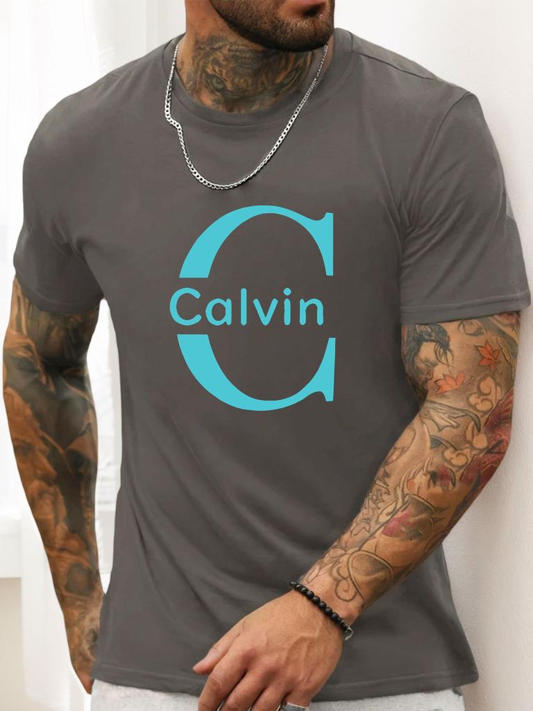 Camiseta de Manga Curta Calvin Masculina 100% Algodão Estampa Colorida Verão Gola Redonda Respirável Casual Moda Camiseta Legal