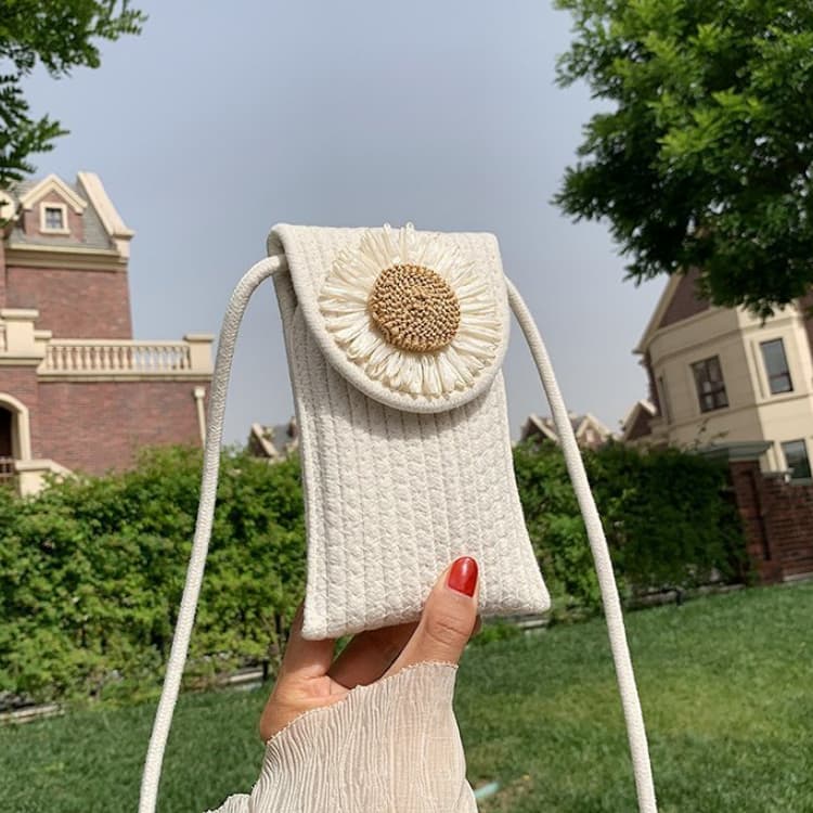 Off-white vertical sunflower woven phone pouch