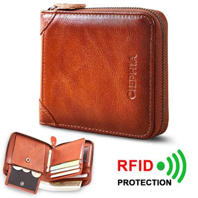 Cartera de cuero genuino para hombre, billeteras con cremallera plegable con bloqueo RFID, capa superior de cuero de vaca, tarjetero de identificación multifunción, monedero