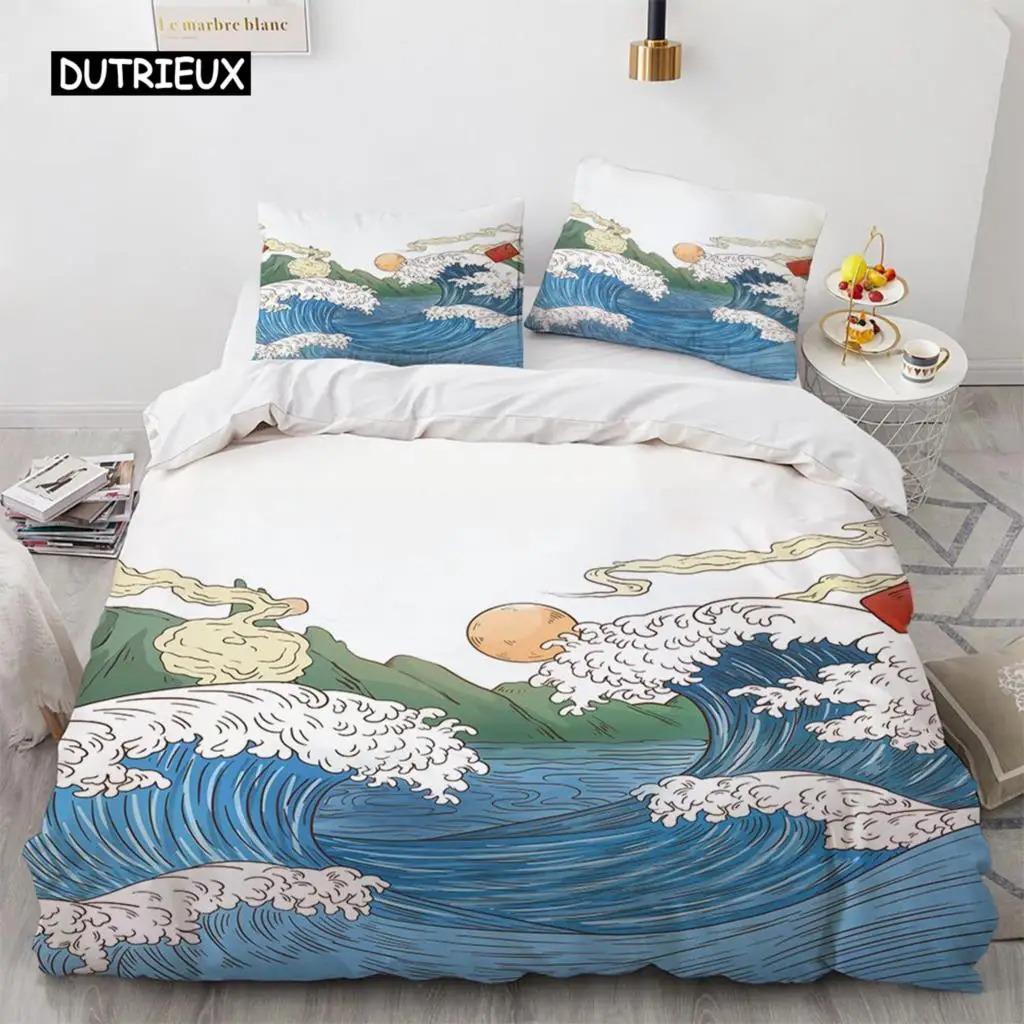 Wave Duvet Cover Set Hokusai Pattern Japanese Ukiyoe Quilt Cover Oriental Sketch Style Ocean Queen Twin Polyester Bedding Set