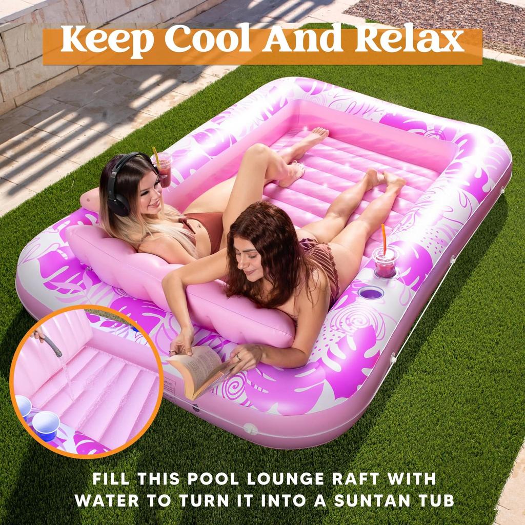 Sloosh-L/XL Inflatable Tanning Pool Lounge Float With Cup Holder, 70"X46"/85″ X 57″ More Large Sun Tan Tub Adult Pool Floats Raft Summervibes