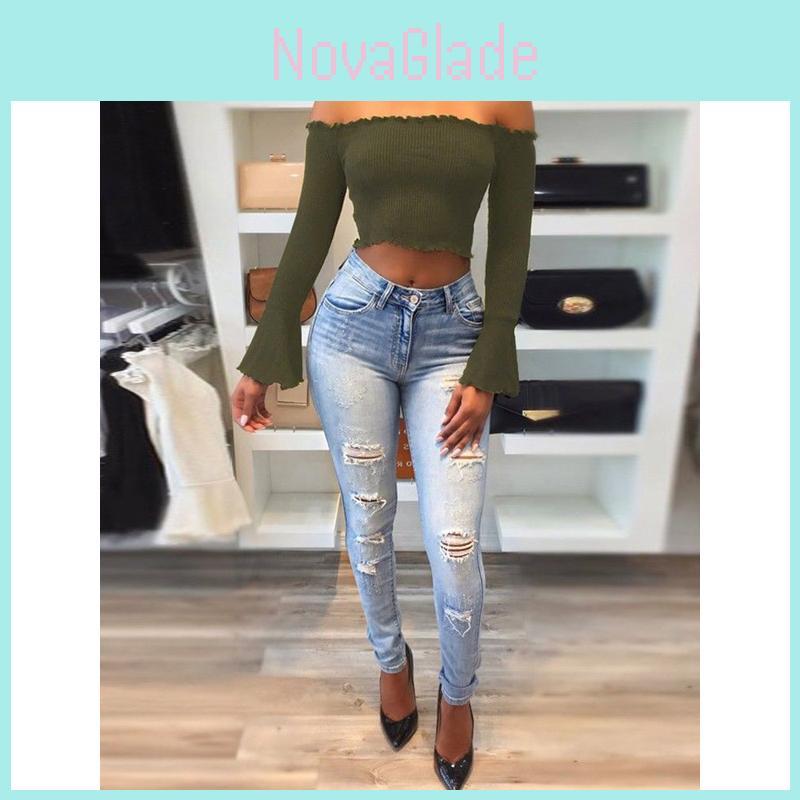 Women Summer Casual Off Shoulder Tank Top Stylish Long Sleeve Crop Top Shirt