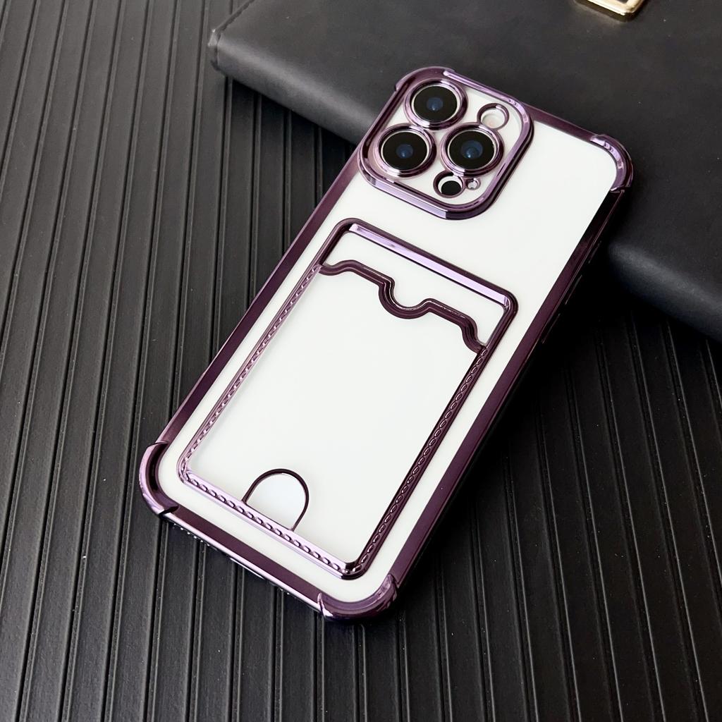 Soft Plating Card Holder Bag Case For iPhone 16 15 14 13 12 mini 11 Pro X XR Xs Max 7 8 Plus 16e Shockproof Transparent Cover
