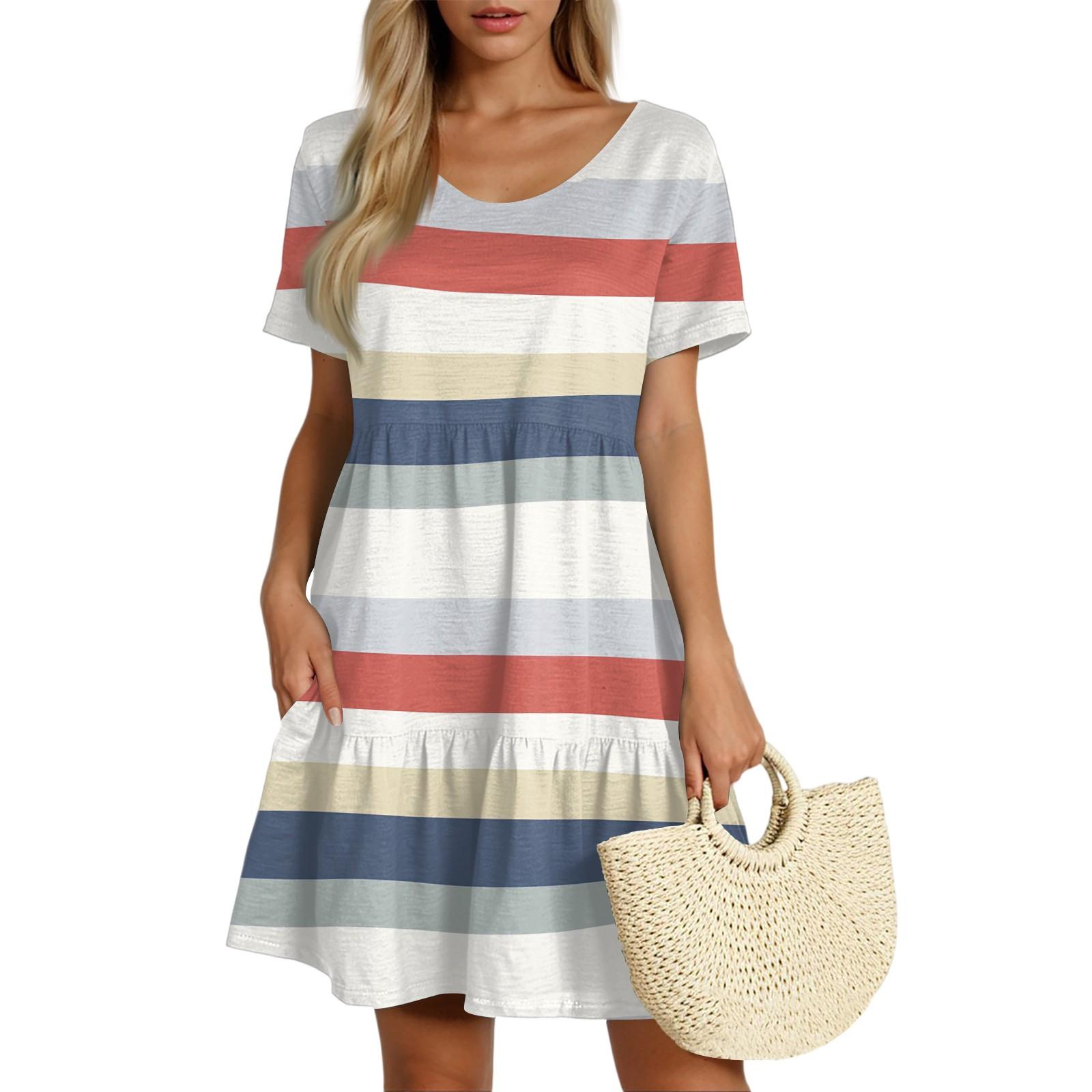 

Женская повседневная модная юбка с круглым вырезом и коротким рукавом в полоску с принтом M