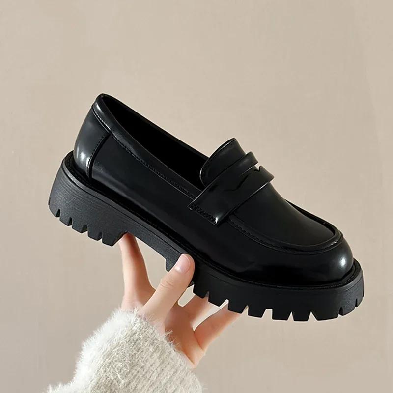 Lucyever Black Pu Leather Platform Loafers for Women Preppy Style Slip On Student Shoes Woman Thick Bottom Single Shoes Size 43