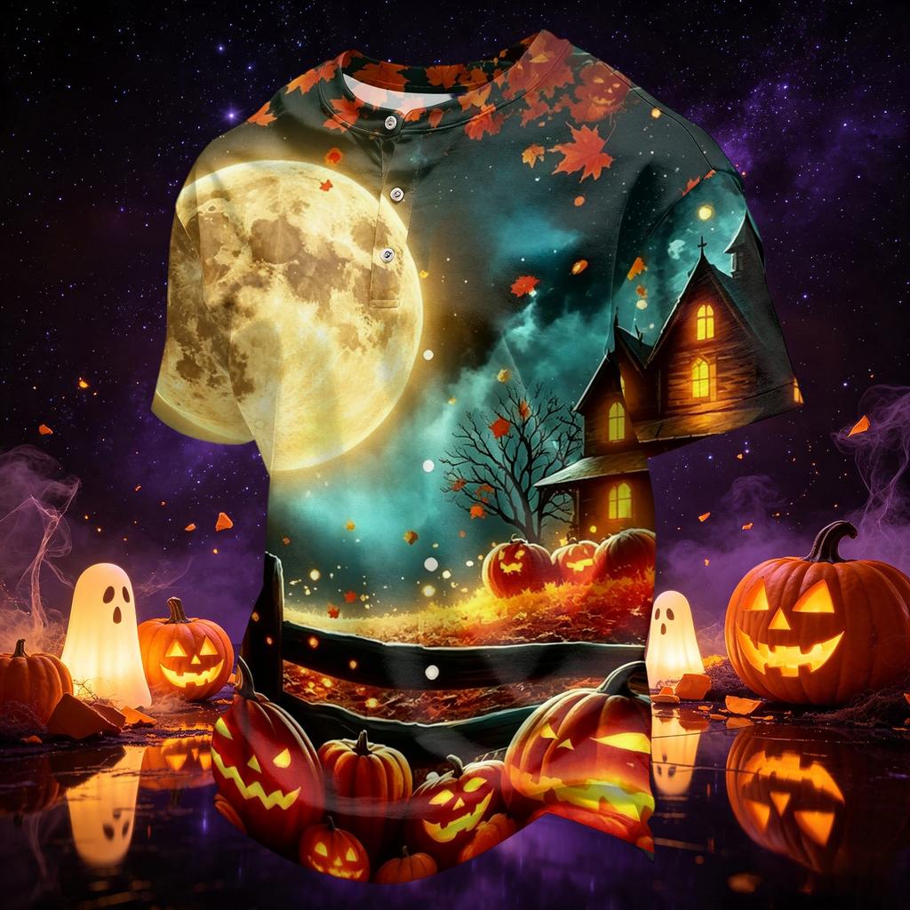 Men's Quick-Dry Neck Short Sleeve T-Shirt with Halloween Print
