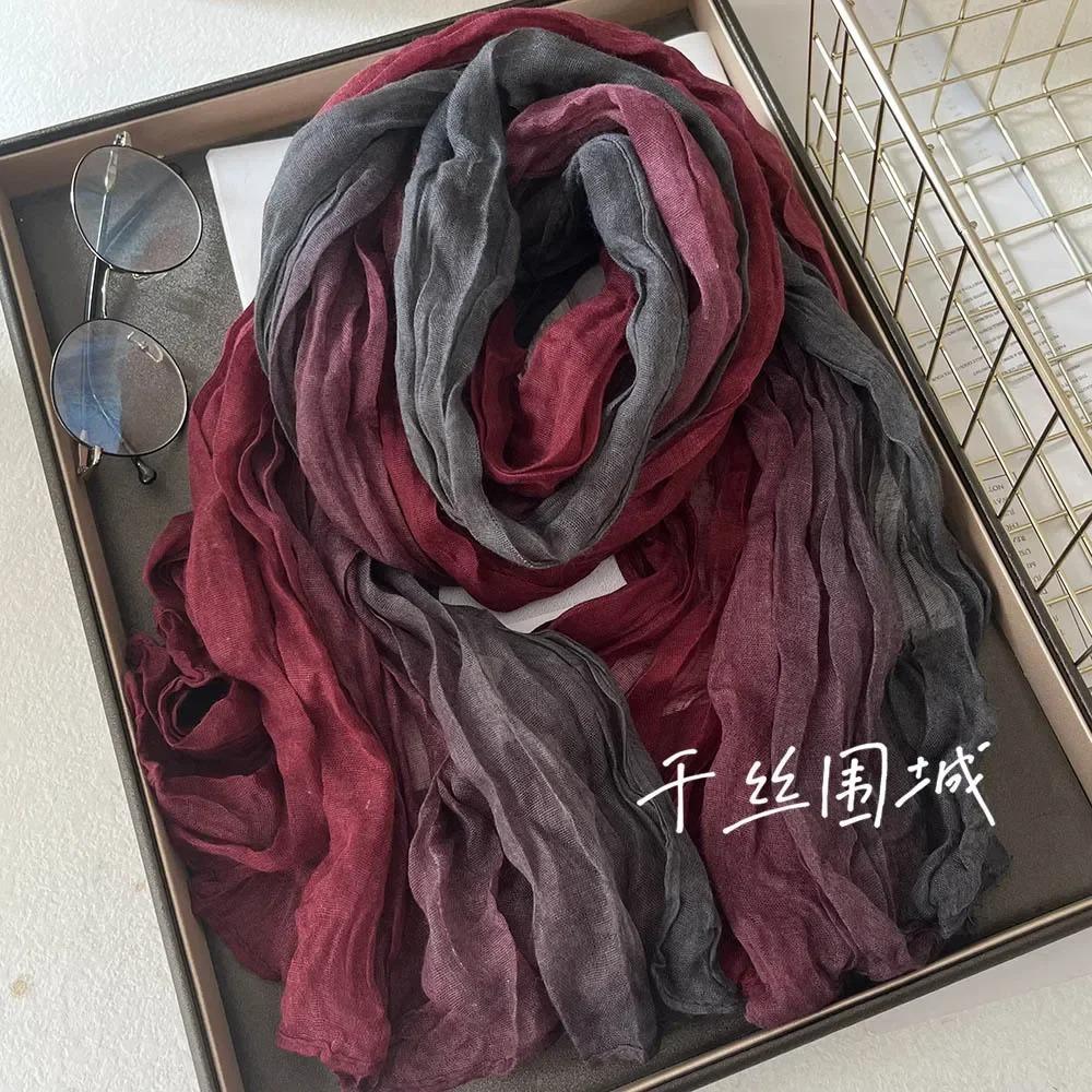 New Scarf Cotton Hemp Hand Feel Gradient Blue Autumn Winter Retro Versatile Printed Women's Long Fold Shawl Soft Fashionable