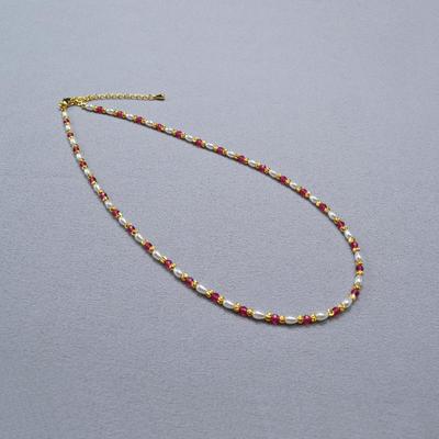 French Niche Elegant Rice Grain Pearl Red Corundum Beaded Simple Temperament Short Fine Necklace Collarbone Chain
