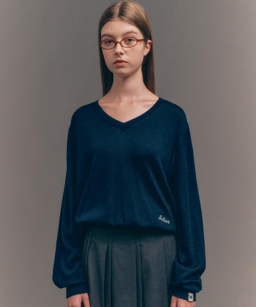 Seteo (W) V-Neck Fine Wool Knit Navy
