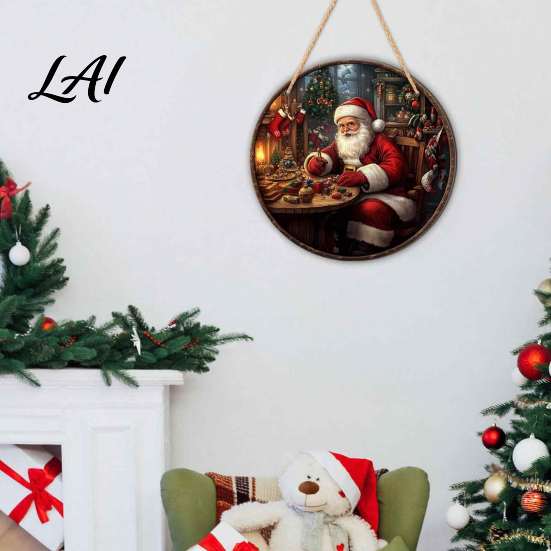 Retro Festive Home Decor Christmas Wooden Round Hanging Sign Santa Claus Highland Cow Winter Theme Rustic Wall Door Decor Farmhouse Holiday Welcome