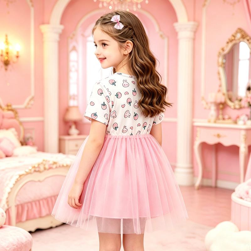 Girls' Summer Dress: Rabbit & Strawberry Print with Patchwork Mesh Skirt - Short Sleeve for Kids