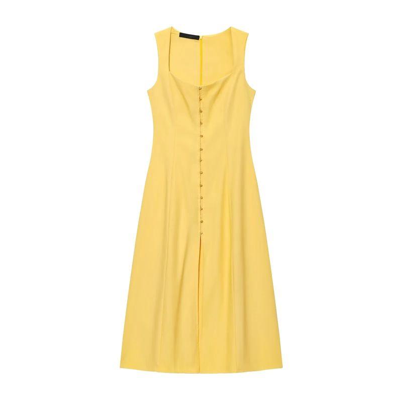 Summer Women Clothes Holiday Style Decorated Row Button Square Collar Linen Blend Midi Dress 6962030 6962029
