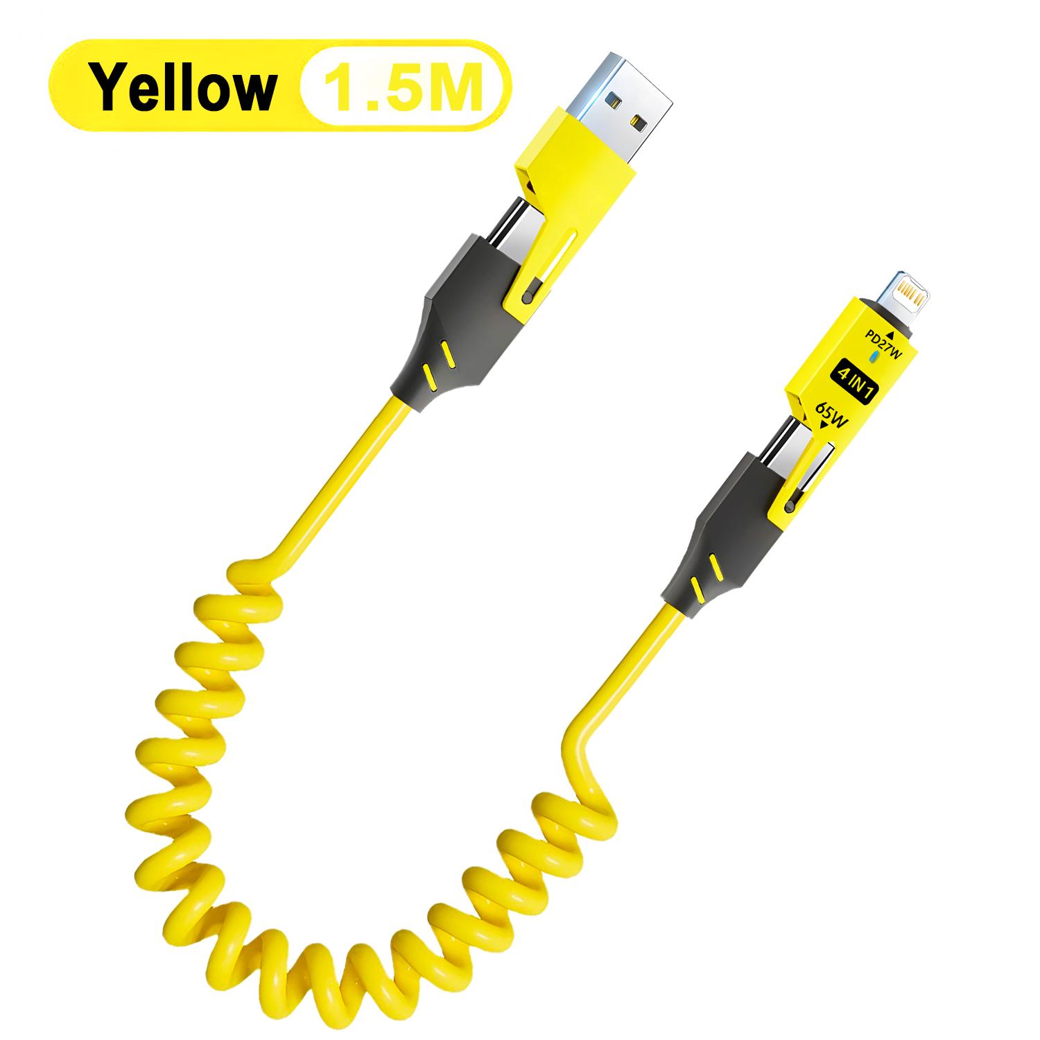 

Сплав цинка USB-C 4-в-1 65 Вт Кабель для быстрой зарядки для USB Type-C Кабель для Samsung PD пружинный кабель данных USB 1.5m жёлтый