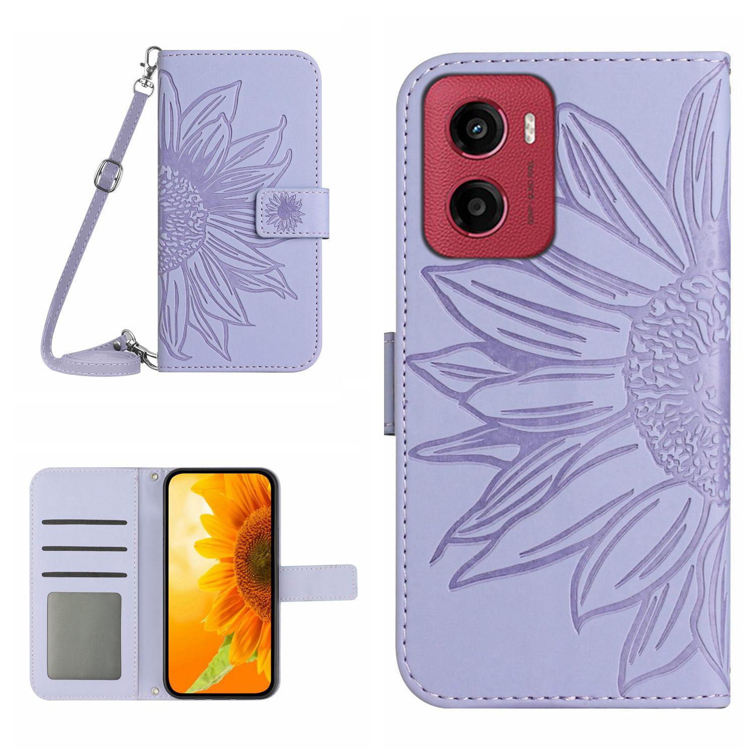 

For Motorola Moto G05 4G Case Sunflower Imprint PU Leather Phone Cover with Long Strap Light Purple