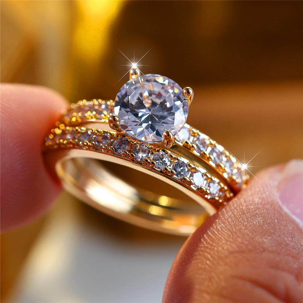 Crystal Female White Zircon Round Stone Ring Set Fashion Vintage Gold Color Bridal Wedding Engagement  For Women