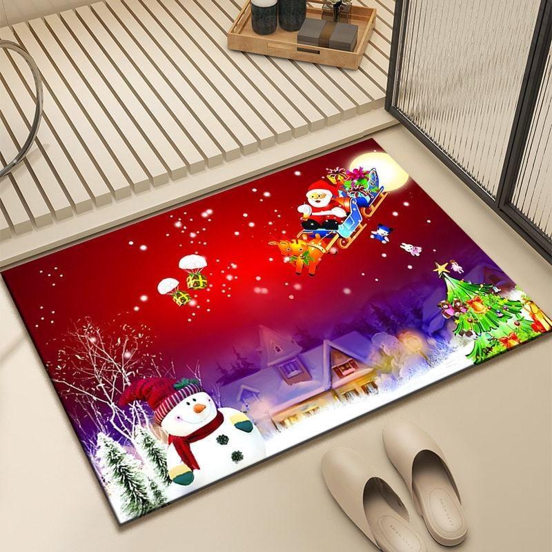 Christmas Door Mat With Non Slip Backing Cute Santa Snowman Pattern For Indoor Outdoor Holiday Home Decor