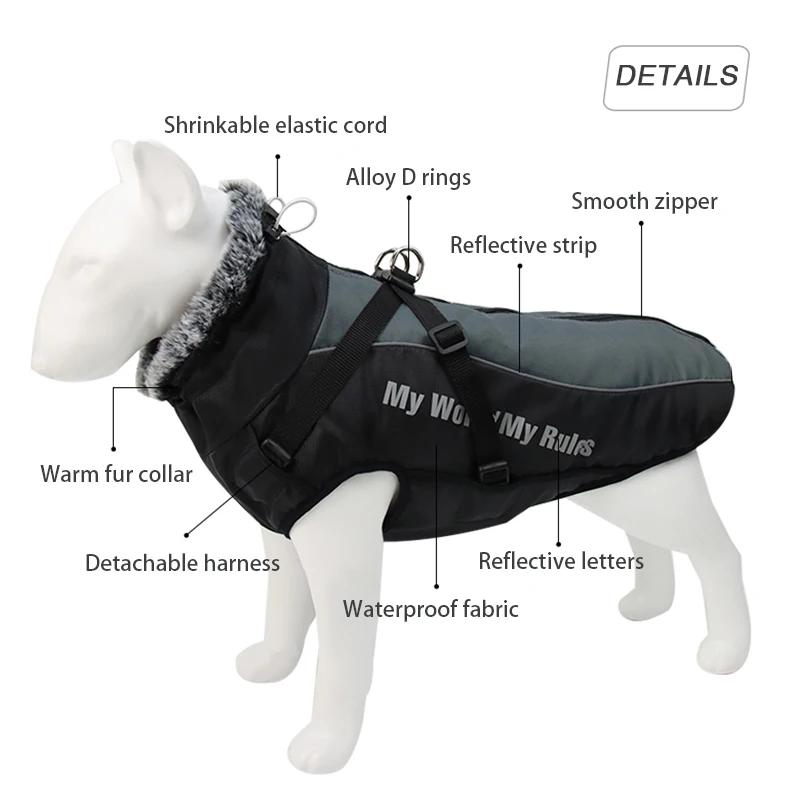 Roupas grandes à prova d'água para cães, casaco de inverno com arnês, gola peluda, quente, roupas para animais de estimação, jaqueta grande, labrador, buldogue