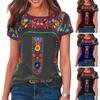 Women Vintage Boho Ethnic Floral Print Tee Shirt O Neck Short Sleeve Loose Fit T Shirt Workwear