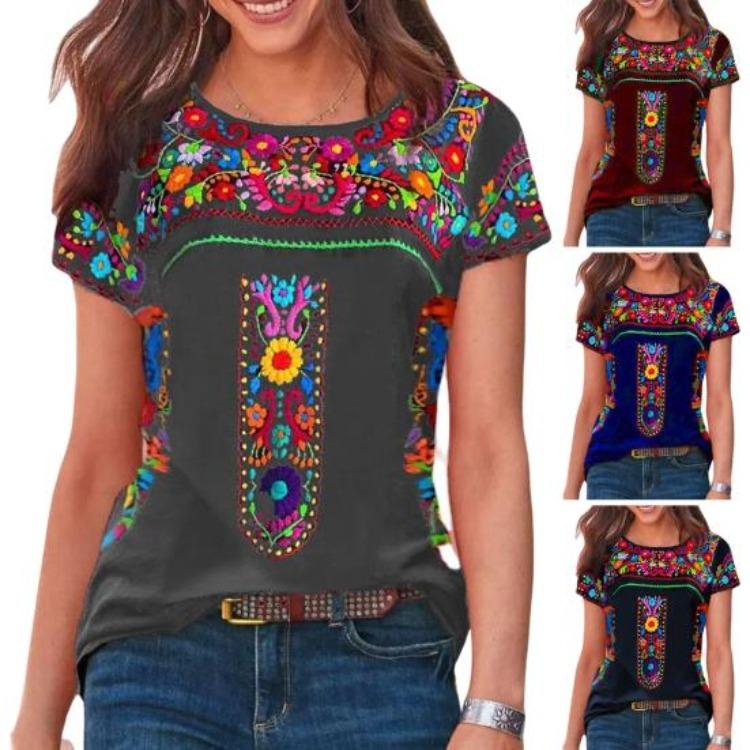 Women Vintage Boho Ethnic Floral Print Tee Shirt O Neck Short Sleeve Loose Fit T Shirt Workwear