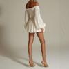 Women's Off Shoulder Ruched Bubble Sleeve Mini Dress Solid Color Smocked Waist Flounced Hem Dress