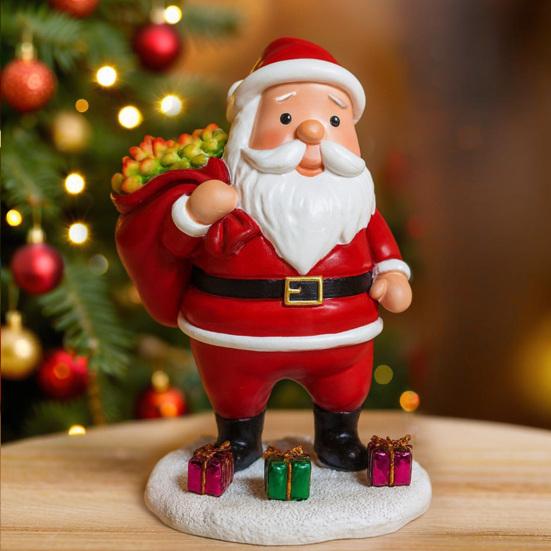 Lighted Santa Claus Figurines Resin Santa Sculpture with Gift Bag On