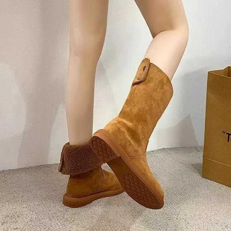 Fashion Warm Fleece Lined Pure Leather Flat Heel Mid-Calf Snow Boots Women's Winter Booties Comfortable Rubber Sole Round Toe Booties