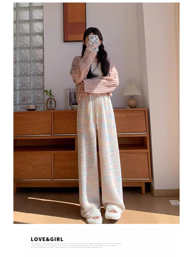 145cm Rainbow Knit Sticky Rice Wide-Leg Pants for Women, Petite, Autumn/Winter 2025, Floor-Length, Loose Fit.