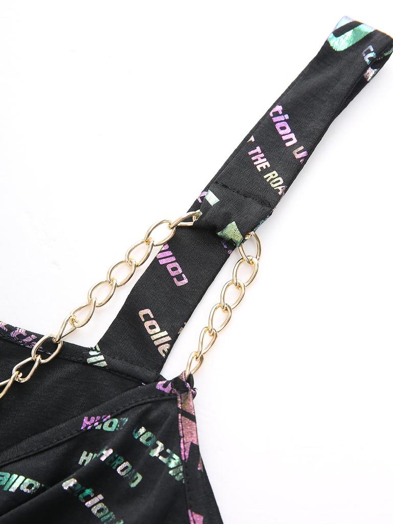 Rosegal  Plus Size Ombre Glitter Letters Print Lace Up Chain Backless Handkerchief Asymmetric Tank Top