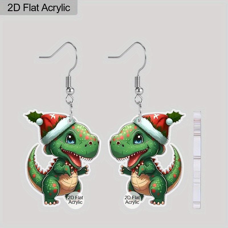 

2D Плоская Рождественская Шапка Зеленый Динозавр Подвесные Серьги, Легкий Акриловый Материал, Идеальный Выбор для Подарков на Вечеринку и Ювелирных Подарков.