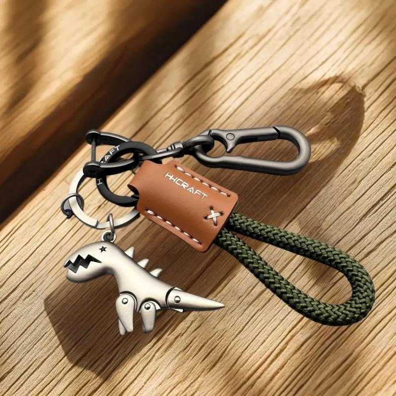 Car Keychain with Little Dino Accent, Single Braided Leather Rope, Metal Key Holder, Motorcycle & Bag Add-Ons