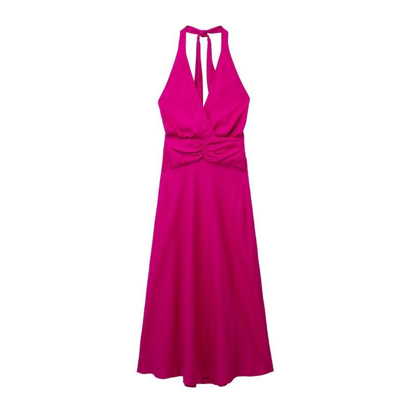

European American Women s Clothing Summer Sexy Linen Hanging Neck Collar Midi Backless Dress S розы красного
