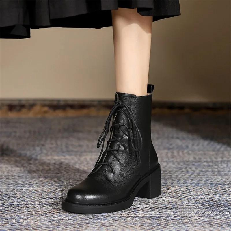 Winter Genuine Leather Women Boots Round Toe Thick Heel Lace Up Fashion Ankle Boots Retro Boots Platform Shoes Heels Grown