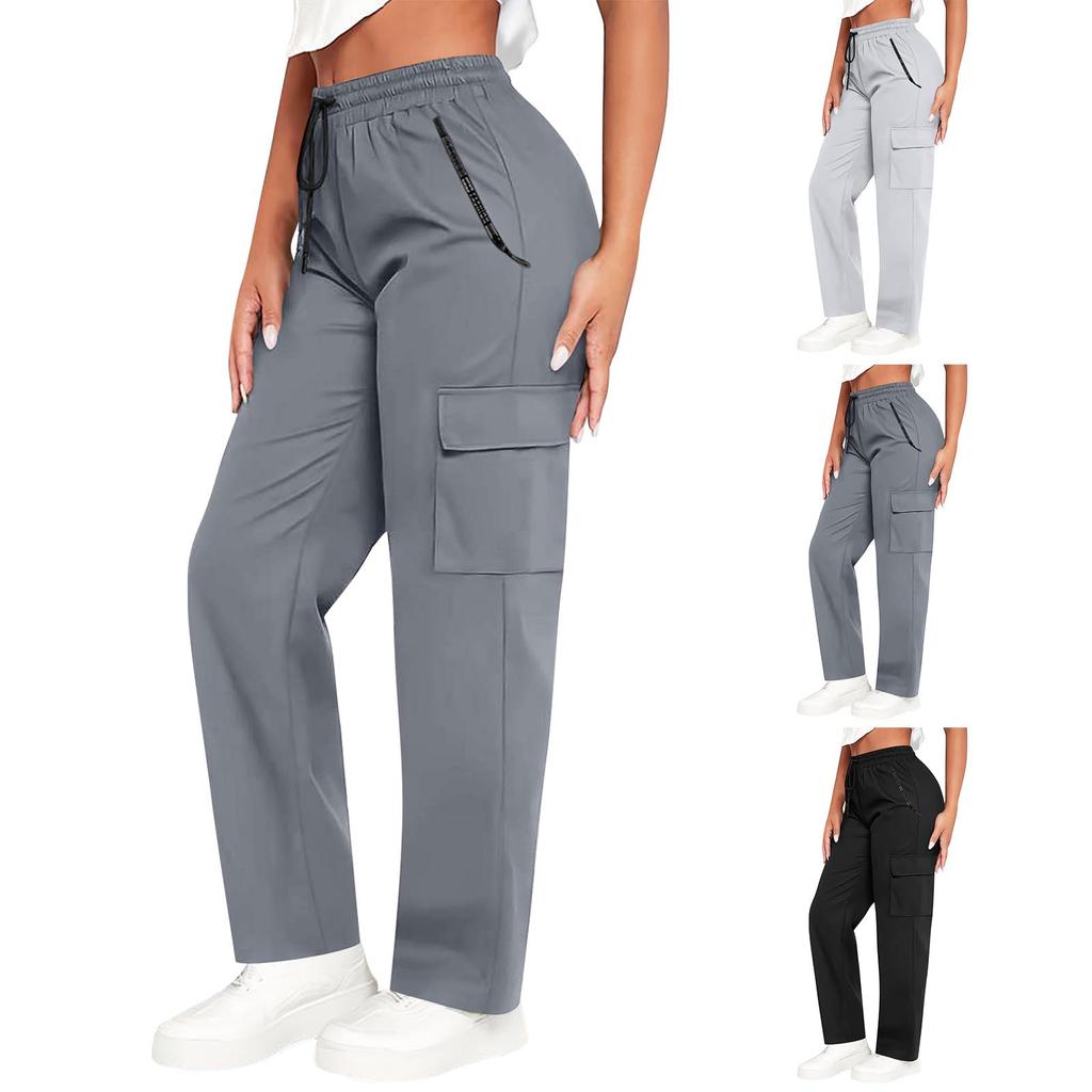 Women’s High Waist Drawstring Cargo Pants Loose Fit Straight Leg Trousers with Multiple Pockets for Daily Wear
