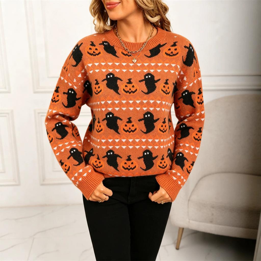 Women's Halloween Pumpkin Neck Pullover Sweater
