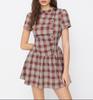 Europese en Amerikaanse Dames Plaid Hoge Hals Pofmouw Mini Jurk