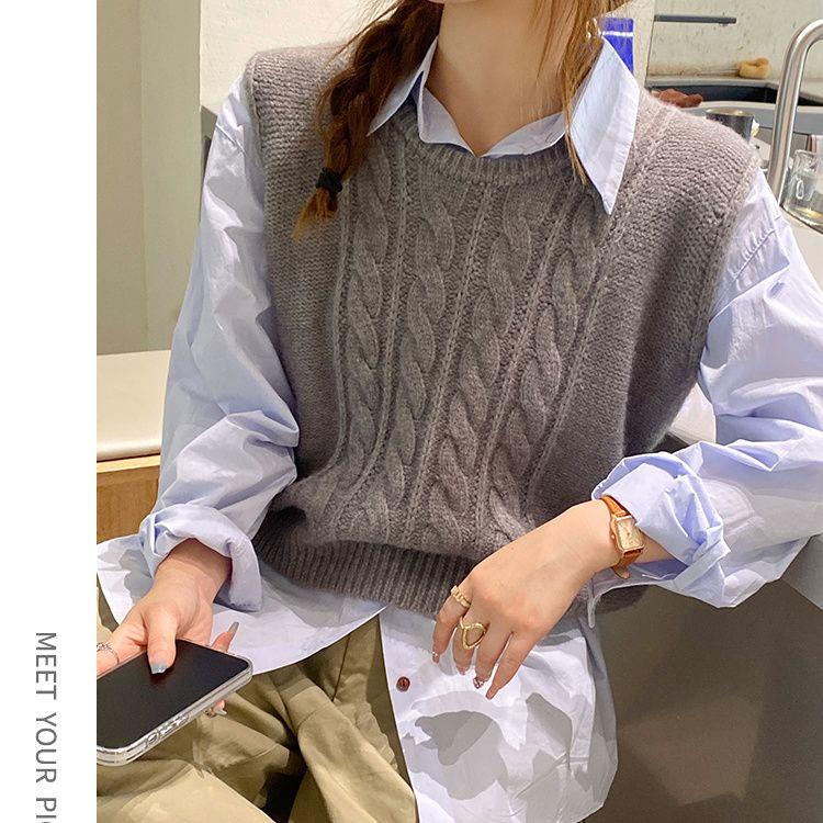 Women's Coffee Colored Knitted Vest for Outer Wear Autumn and Winter Wool Vest Brown Gilet Top