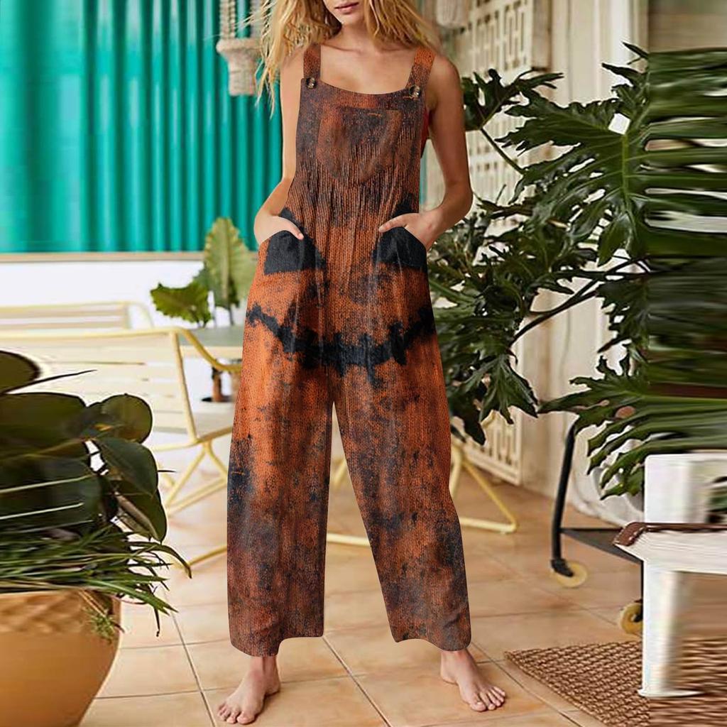 Women's Fashion Halloween Print Casual Vintage Sleeveless Button Jumpsuit