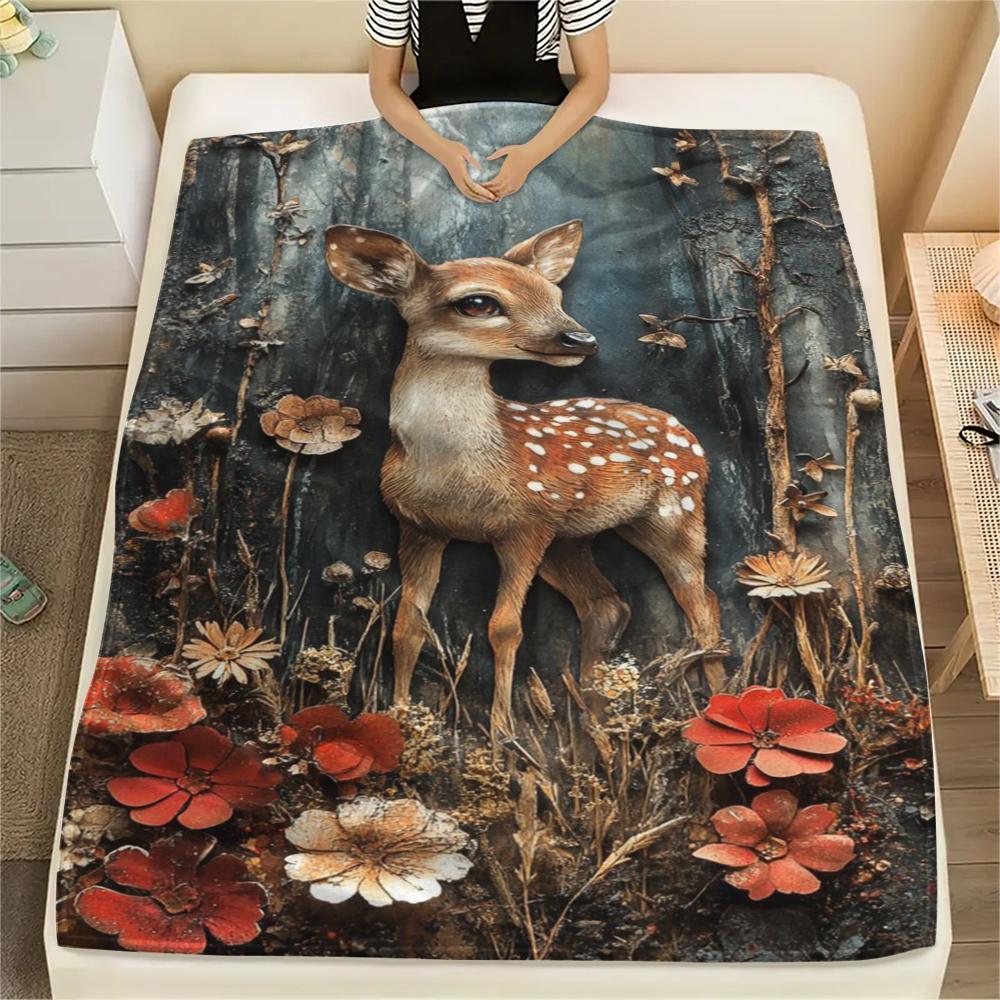 1Pc Vintage Deer Art Print Flannel Blanket, High Quality Comfortable for All Seasons, Home Decor, Warmth and Comfort, Perfect for Gifts