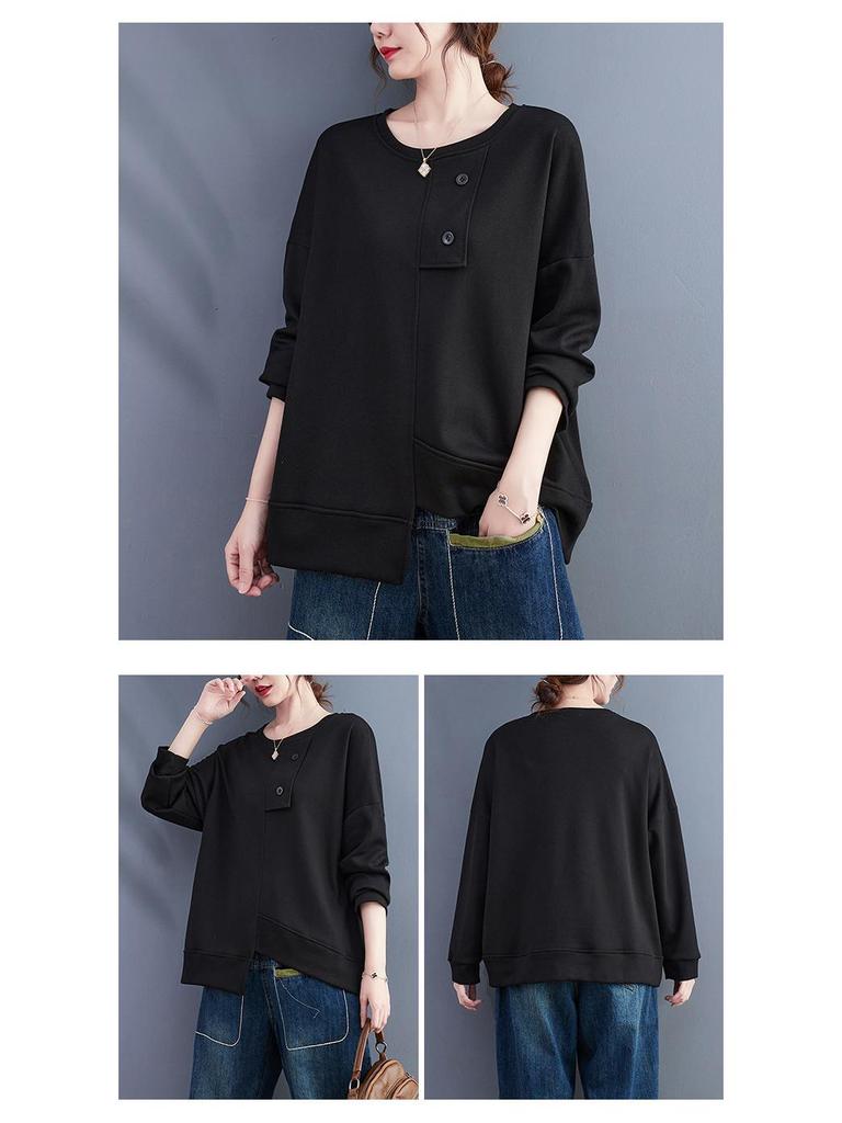Autumn/Winter 2023 Women's Cotton Loose Fit Round Neck Pullover with Slit Hem, Plus Size Long Sleeve Casual Sweatshirt