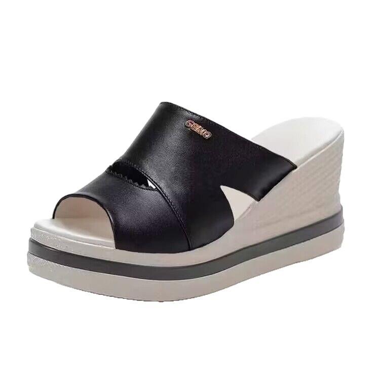 Soft leather thick-soled soft-soled slippers, new summer wear, waterproof table wedge heel, high-heeled sandals.