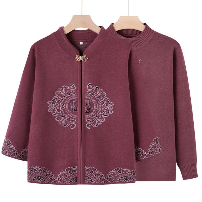 Middle-aged Knitted Sweater Festive Two-piece Set Women's Spring and Autumn Cardigan Mother Outfit Mother-in-law Sweater Grandma Shawl Jacket