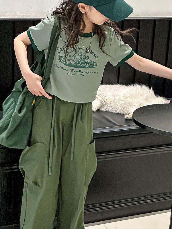 2026 Sommer Koreanischer Stil Sportliche Cargohose & T-Shirt Zweiteiliges Set für Mädchen