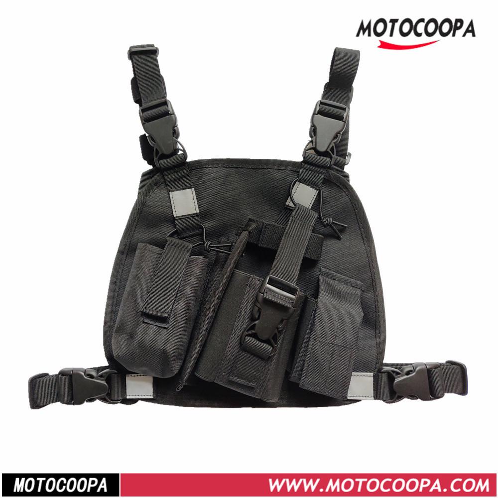 Adjustable Black Tactical Chest Pack for Walkie-talkie, Phone, GPS, and Laptop.