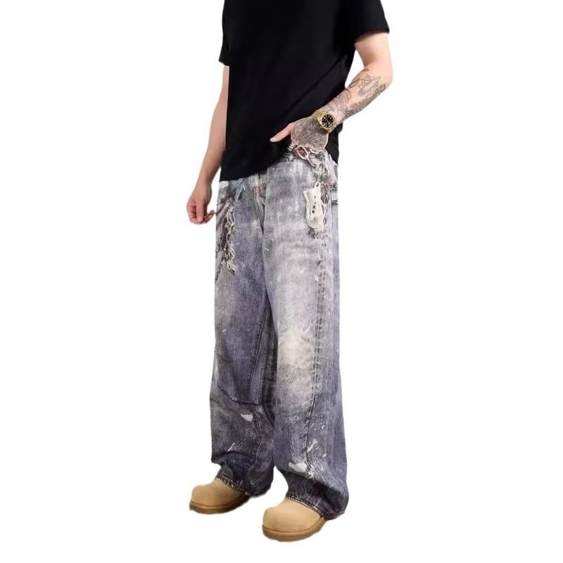 Unisex Vintage Distressed Denim Jeans With 3D Printed Chain Straight Cut Loose Fit Casual Pants