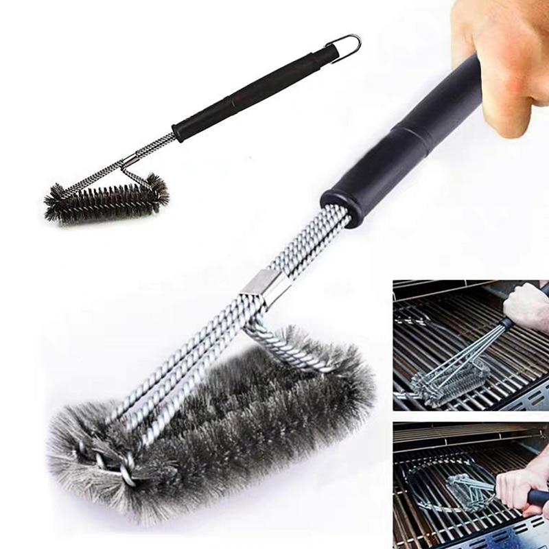 Griglia per barbecue Spazzola per barbecue in acciaio inossidabile Setole metalliche Spazzole per pulizia antiaderenti con manico Rimuovi macchie Accessori per barbecue