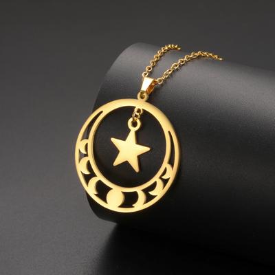Teamer Star Moon Phase Round Pendant Necklace Women Girls Stainless Steel Party Jewelry No Rust Birthday Gift