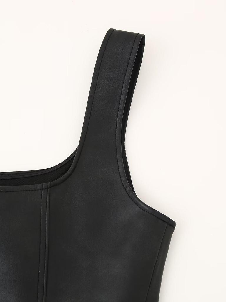 2024 European & American Style Faux Leather Slim Fit Women's Jacket with Zipper and Sexy Cami